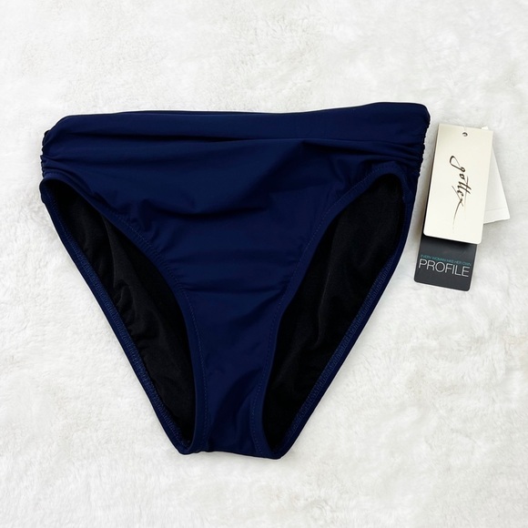 NWT Profile by Gottex Tutti Frutti Shirred High Waist Bikini Bottoms Navy - Picture 4 of 7